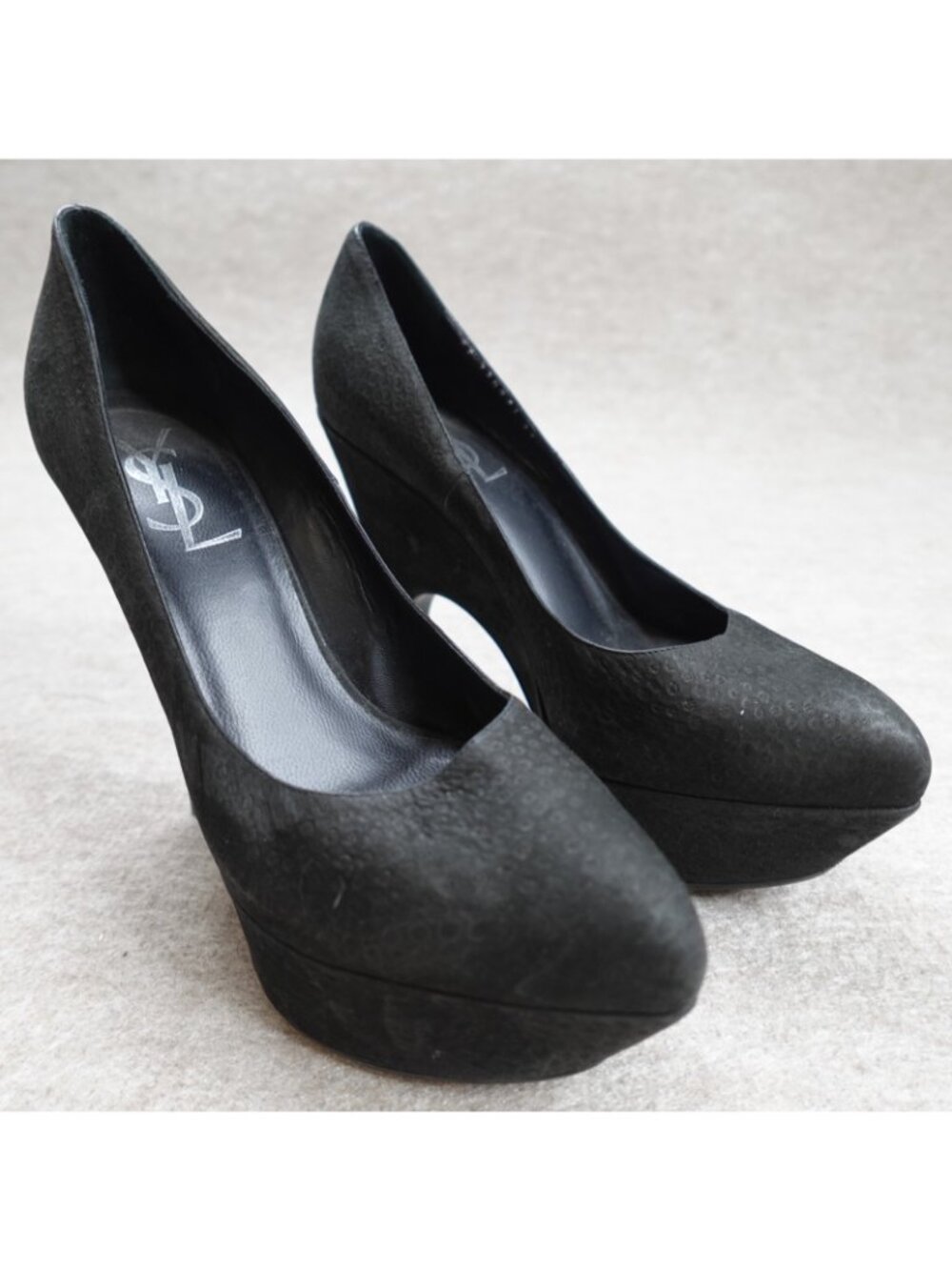 YSL Womens Pumps 7.5 Black Aliama Lizard Emboss Yves Saint Laurent Made in Italy - Picture 3 of 10